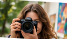 Une photographe avec son appareil — illustration fictive
