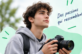 Un jeune photographe en extérieur — illustration fictive